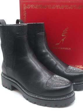 Rene Caovilla Crystal-Embellished Chelsea Boots Black Leather Size 39